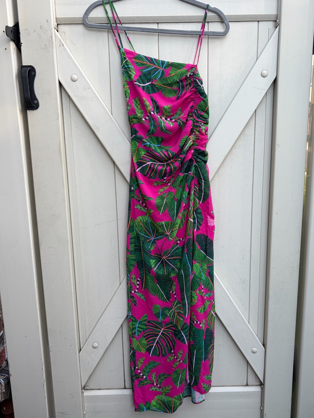 FARM Rio Tropical Pink & Green Midi Dress with Leaf Print